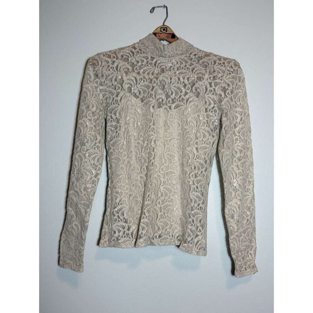 NICOLE MILLER CHAMPAGNE LACE SHEER LONG SLEEVE BlOUSE NWT SIZE S ROMANTIC